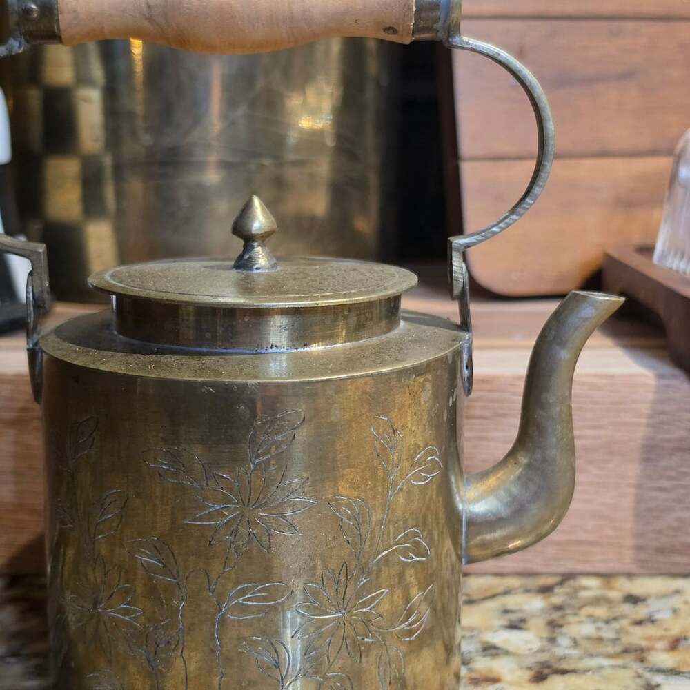 Vintage Brass Tea Pot With Floral Motif